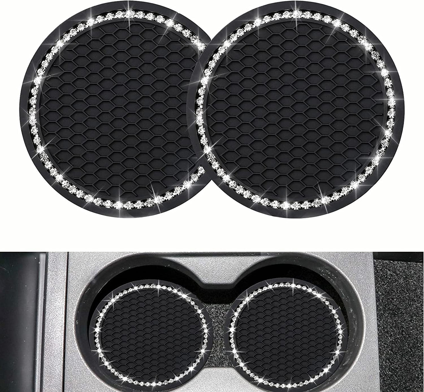 2PCS Bling Car Cup Coaster, Universal Vehicle Bling Holder Insert,2.75 Inch Rhinestone anti Slip Silicone Insert,Suitable for Most Car Interior,Best Gift Car Bling for Women, Black, 2 Pack