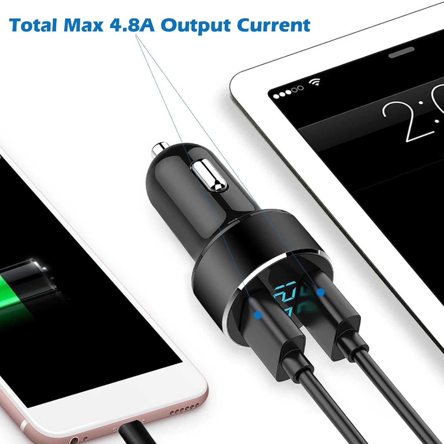 Dual USB Car Charger, 4.8A Output, 12/24 Volt USB Adapter Plug for Cigarette Lighter Voltage Meter, Compatible with Iphone,Ipad, Samsung Galaxy, LG, Google, Black